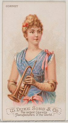 Cornet, from the Musical Instruments series (N82) for Duke brand cigarettes, 1888., 1888. Creator: Schumacher & Ettlinger