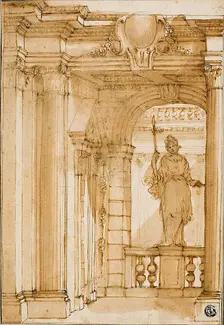 Corner of a Loggia with Female Statue, n.d. Creator: Pietro Righini