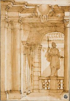 Corner of a Loggia with Female Statue, n.d. Creator: Pietro Righini