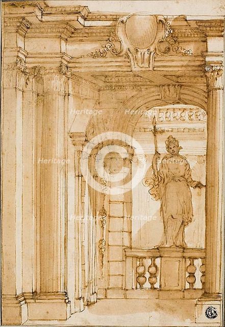 Corner of a Loggia with Female Statue, n.d. Creator: Pietro Righini.