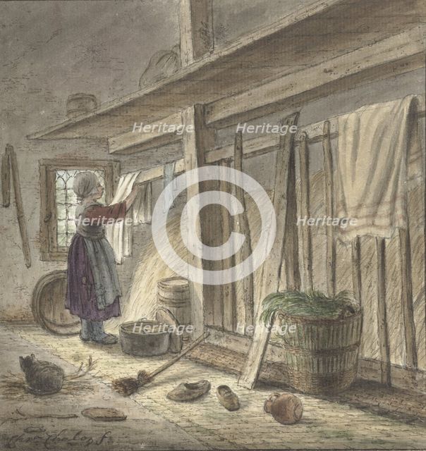 Corner of a stable with a girl hanging a cloth, 1772. Creator: Christina Chalon.