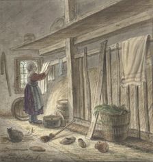 Corner of a stable with a girl hanging a cloth, 1772. Creator: Christina Chalon