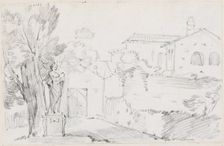Corner of an Italian Garden with a Church Beyond, 1744/1750. Creator: Joseph-Marie Vien the Elder