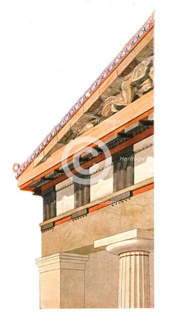Corner of the pediment of the old Temple of Athena on the Acropolis at Athens, Greece, (1928). Creator: Unknown.