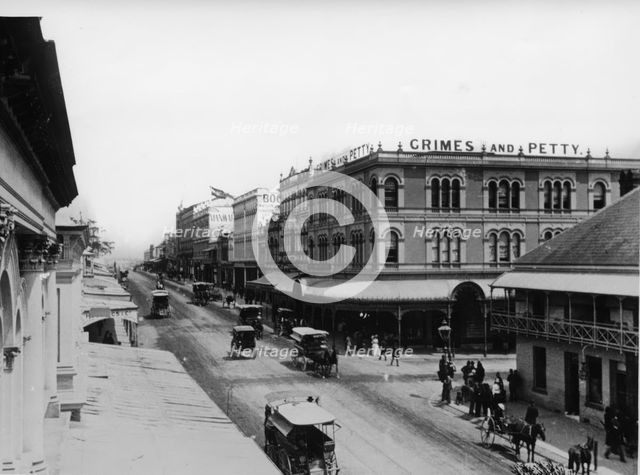 Corner Queen and Albert Street, Brisbane, 1886 (showing Grimes and Petty Clothing/Drapery Store). Creator: Unknown.