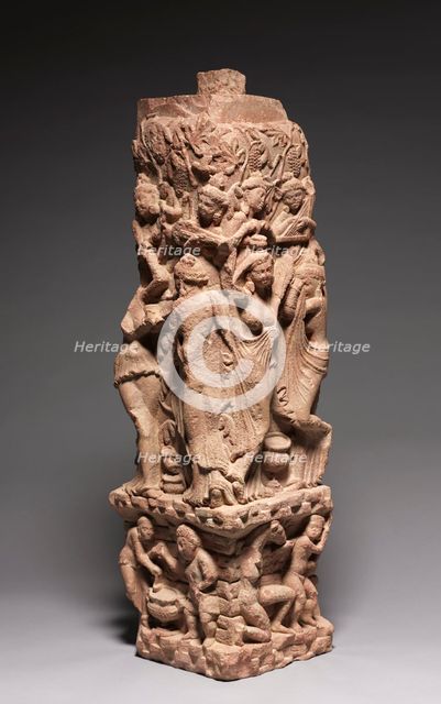 Corner Railing Pillar with Drinking Scenes, Yakshis, and Musicians, 100s. Creator: Unknown.