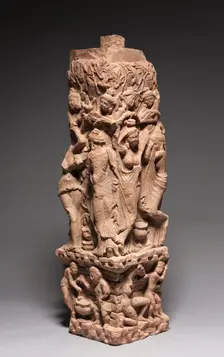 Corner Railing Pillar with Drinking Scenes, Yakshis, and Musicians, 100s. Creator: Unknown