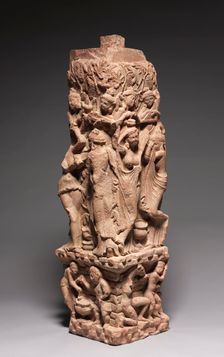 Corner Railing Pillar with Drinking Scenes, Yakshis, and Musicians, 100s. Creator: Unknown