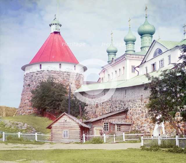 Corner tower of the Trinity Cathedral in the Solovetsky Monastery, Solovetski Islands, 1915. Creator: Sergey Mikhaylovich Prokudin-Gorsky.