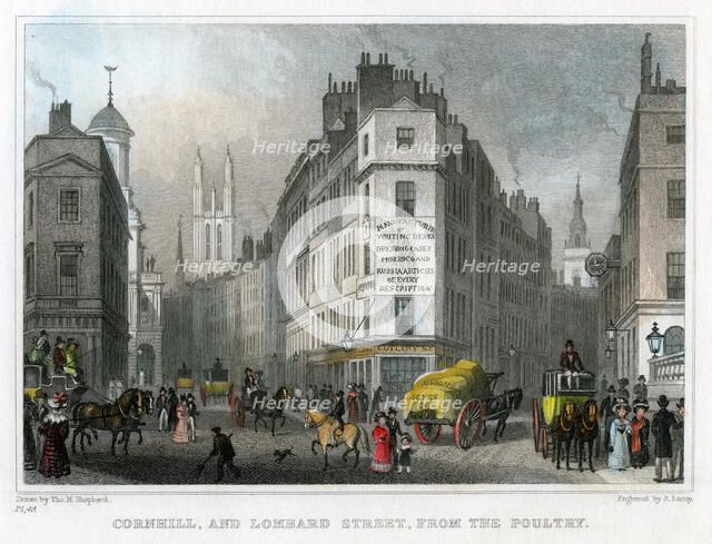 Cornhill and Lombard Street from Poultry, City of London, 1830.Artist: S Lacey