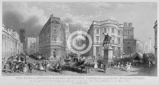 Cornhill, Lombard Street and King William Street, looking east, City of London, 1837. Artist: Henry Wallis