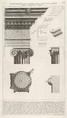 Cornice and column from the Temple of Fortuna Virilis (Tempio della Fortuna Virile), from ..., 1756. Creator: Giovanni Battista Piranesi