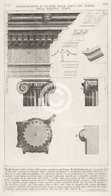 Cornice and column from the Temple of Fortuna Virilis (Tempio della Fortuna Virile), from ..., 1756. Creator: Giovanni Battista Piranesi.