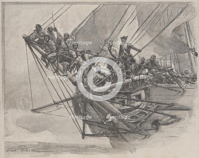 Corsairs of the Caribbean Sea, prepared for boarding a ship, engraving from 1860.