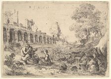 Corsica seated before satyrs on the bank of a river, from a pair of plates for Battista Gu..., 1640. Creator: Bartholomeus Breenbergh