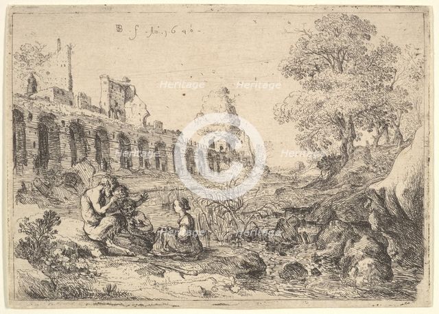 Corsica seated before satyrs on the bank of a river, from a pair of plates for Battista Gu..., 1640. Creator: Bartholomeus Breenbergh.