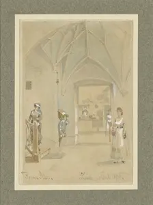Corridor of a guesthouse with a view into the kitchen, 1875. Creator: Franz Alt
