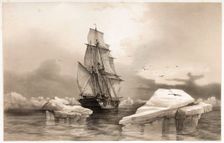 Corvettte La Recherche near Bear Island on 7th August, 1838, from Voyages en Scandinavie, 1852. Creator: Francois Auguste Biard (1798 - 1882)