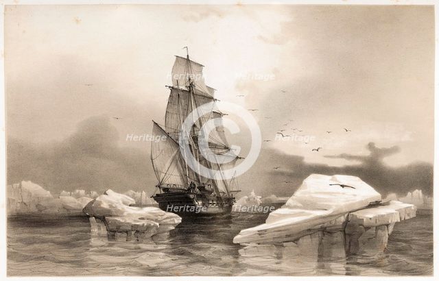 Corvettte La Recherche near Bear Island on 7th August, 1838,  from Voyages en Scandinavie, 1852. Creator: Francois Auguste Biard (1798 - 1882).