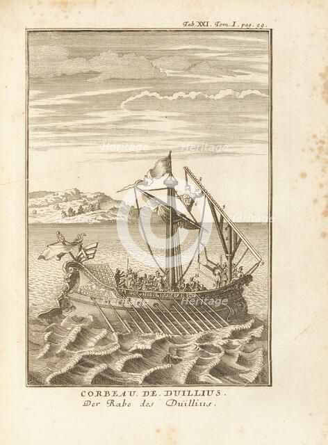 Corvus (boarding drawbridge) of Gaius Duilius. Illustration from The Histories by Polybius, 1759-60. Creator: Anonymous ().