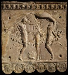 Corybantian dance. Terracotta Campana relief: three Curetes with swords and shields..., 50 BC-100. Creator: Classical Antiquities