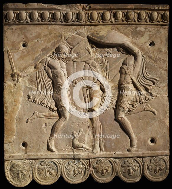 Corybantian dance. Terracotta Campana relief: three Curetes with swords and shields..., 50 BC-100. Creator: Classical Antiquities.