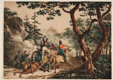 Cossacks attacking French soldiers in a forest, 1825. Artist: Anonymous
