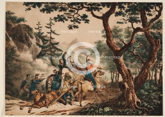 Cossacks attacking French soldiers in a forest, 1825. Artist: Anonymous  