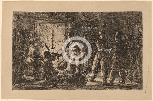 Cossacks before a Fireplace (Les cosaques devant la cheminee de la ferme...) [recto], 1815. Creator: Gerhardus Emaus De Micault.