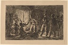Cossacks before a Fireplace (Les cosaques devant la cheminee de la ferme...) [recto], 1815. Creator: Gerhardus Emaus De Micault