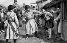 Cossacks searching for Japanese spies in a Manchurian village, Russo-Japanese War, 1904-5