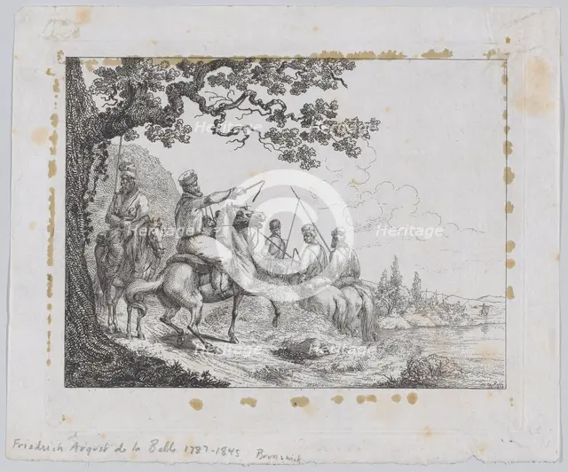 Cossacks riding along a riverbank, 1814. Creator: Friedrich August de La Belle.