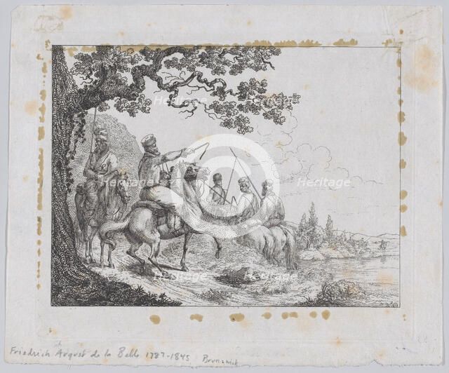 Cossacks riding along a riverbank, 1814. Creator: Friedrich August de La Belle.