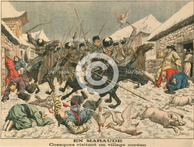 Cossacks terrorising a Korean village, Russo-Japanese War, 1904. Artist: Unknown
