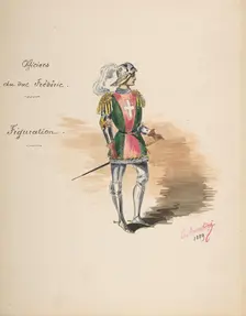 Costume Design for "Officiers du duc Frédéric" [a]; Descriptive Sheet of Costume..., 1889. Creator: Charles Bianchini