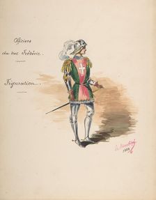 Costume Design for "Officiers du duc Frédéric" [a]; Descriptive Sheet of Costume..., 1889. Creator: Charles Bianchini