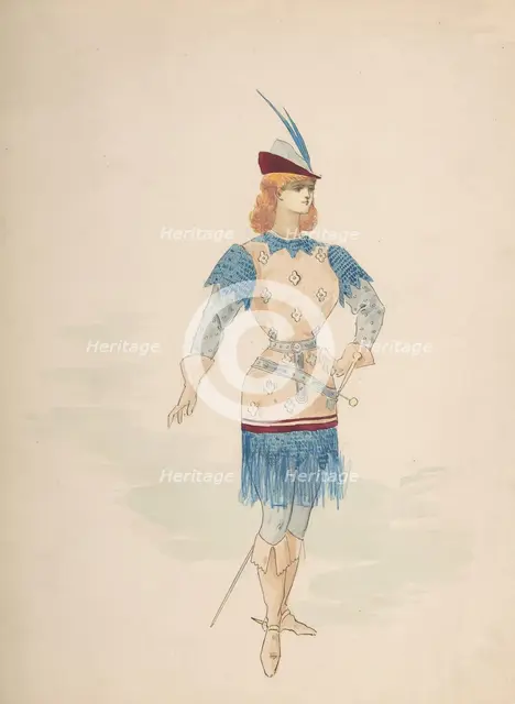 Costume Design for a Cavalier (?) in Blue and Burgundy with Feathered Cap and Sword, n.d.. Creator: Charles Bianchini.