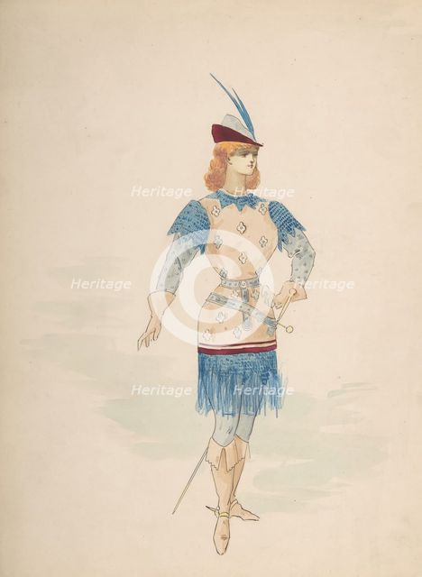 Costume Design for a Cavalier (?) in Blue and Burgundy with Feathered Cap and Sword, n.d.. Creator: Charles Bianchini.