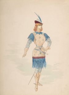 Costume Design for a Cavalier (?) in Blue and Burgundy with Feathered Cap and Sword, n.d.. Creator: Charles Bianchini