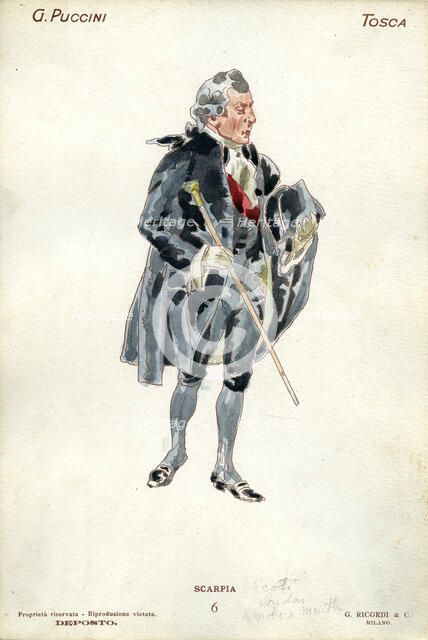 Costume design for the opera Tosca by Giacomo Puccini, 1900. Creator: Hohenstein, Adolfo (1854-1928).