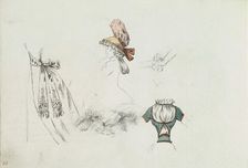 Costume Design Sketches including a Bouffant Skirt, Hat, and Bodice, ca. 1785-90. Creator: Anon