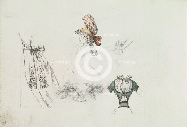 Costume Design Sketches including a Bouffant Skirt, Hat, and Bodice, ca. 1785-90. Creator: Anon.