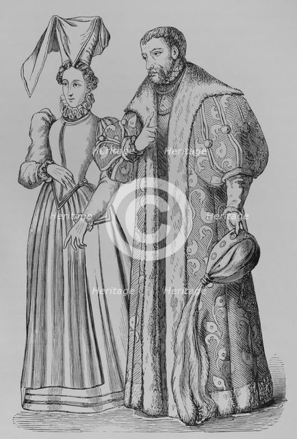 Costume of a rich bourgeoise, and of a noble...of the time of Francis I, 1878. Creator: Unknown.