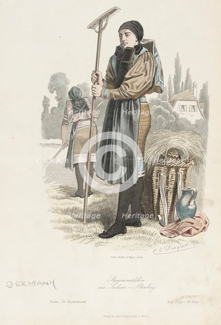 Costume Plate (Bauernmadchen aus Lachsen), 1876. Creators: Carl Emil Doepler, August Weger.