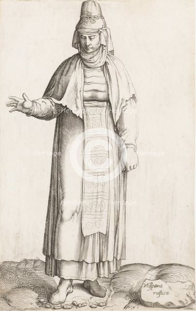 Costume Plate: Hispana Rustica (with label on rock), ca. 1557-58. Creator: Enea Vico.