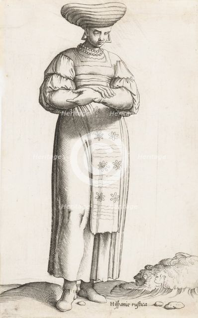 Costume Plate: Hispania Rustica mul. (with label on ground), ca. 1557-58. Creator: Enea Vico.