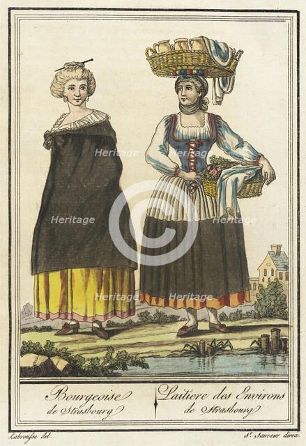 Costumes de Différent Pays, 'Bourgeoise de Strasbourg/ Laitiere des Environs de Strasbourg', c1797. Creators: Jacques Grasset de Saint-Sauveur, LF Labrousse.