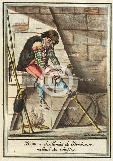 Costumes de Différent Pays, 'Homme des Landes de Bordeaux Mettant ses Échasses', c1797. Creators: Jacques Grasset de Saint-Sauveur, LF Labrousse.