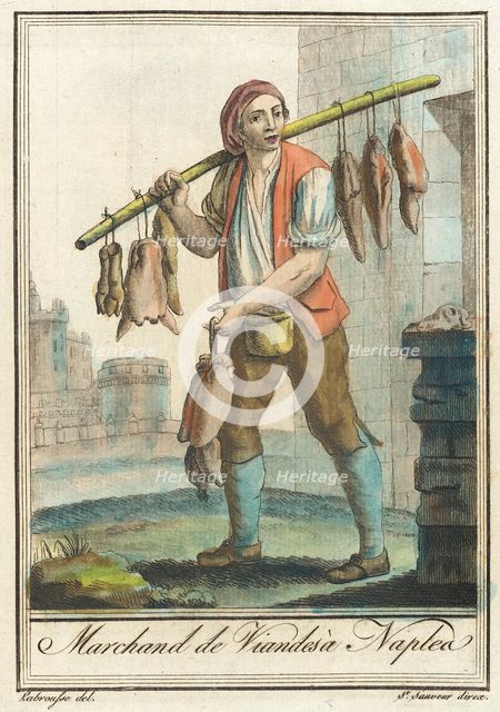 Costumes de Différents Pays, 'Marchand de Viandesà Naplea', c1797. Creators: Jacques Grasset de Saint-Sauveur, LF Labrousse.