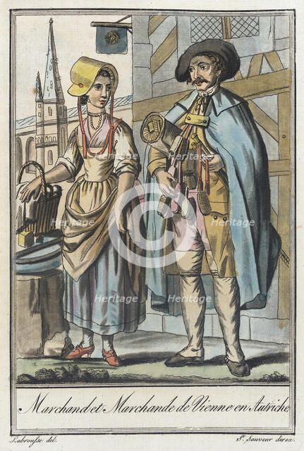 Costumes de Différents Pays, 'Marchand et Marchande de Vienne en Autriche', c1797. Creators: Jacques Grasset de Saint-Sauveur, LF Labrousse.